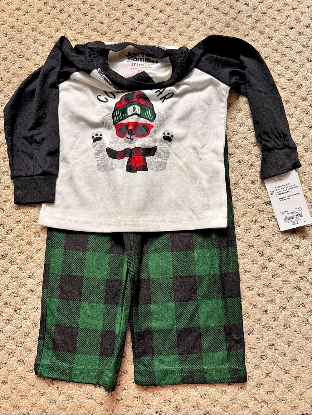 Jammies for Your Families Cool Bear Plaid Pajama Set Boys 2T Checkered 2-Piece